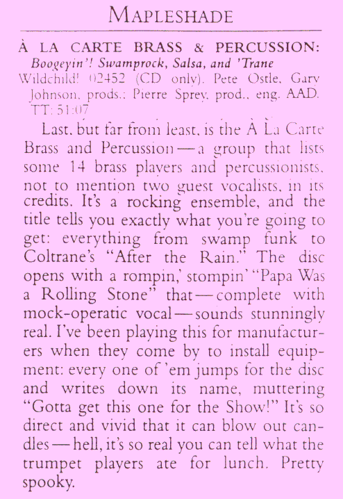 Review of A La Carte's
 first CD, "Boogeyin!"